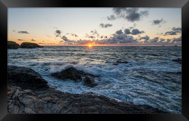 Sunset and Waves in Cornwall Framed Print by Frank Farrell