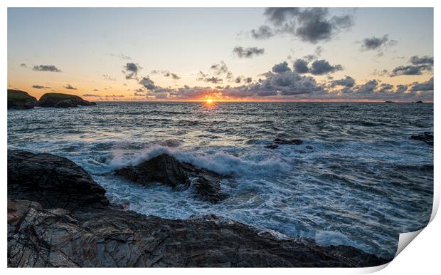 Sunset and Waves in Cornwall Print by Frank Farrell
