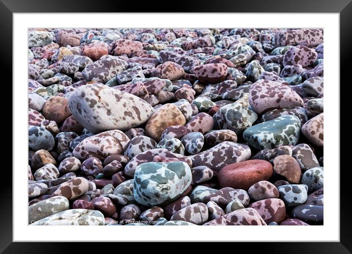 Pebbles on the seashore during a rain storm Framed Mounted Print by Joy Walker
