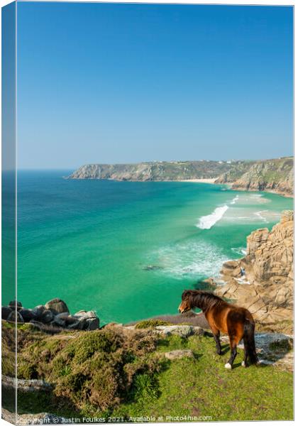 Horse on above Porthcurno Beach, Cornwall Canvas Print by Justin Foulkes