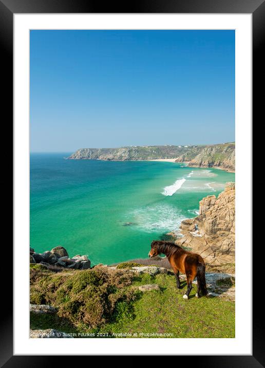 Horse on above Porthcurno Beach, Cornwall Framed Mounted Print by Justin Foulkes