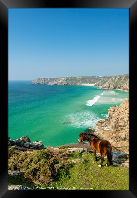 Horse on above Porthcurno Beach, Cornwall Framed Print by Justin Foulkes
