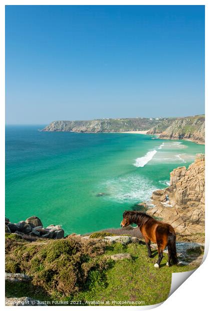 Horse on above Porthcurno Beach, Cornwall Print by Justin Foulkes