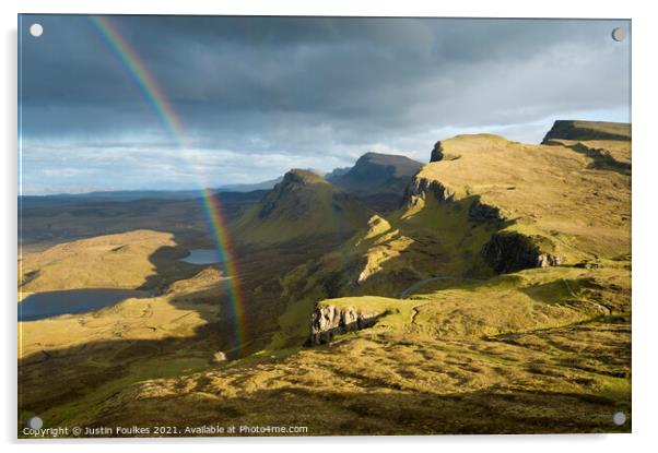 Rainbow over the Trotternish ridge, Isle of Skye Acrylic by Justin Foulkes