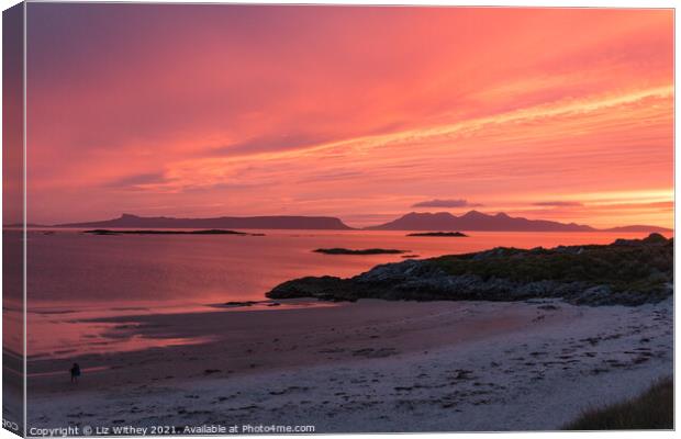 Sunset over the Small Isles from Camusdarach Beach Canvas Print by Liz Withey