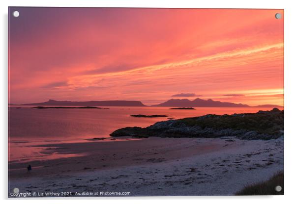 Sunset over the Small Isles from Camusdarach Beach Acrylic by Liz Withey