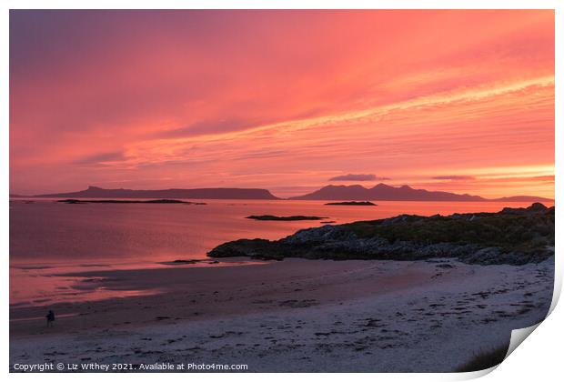 Sunset over the Small Isles from Camusdarach Beach Print by Liz Withey