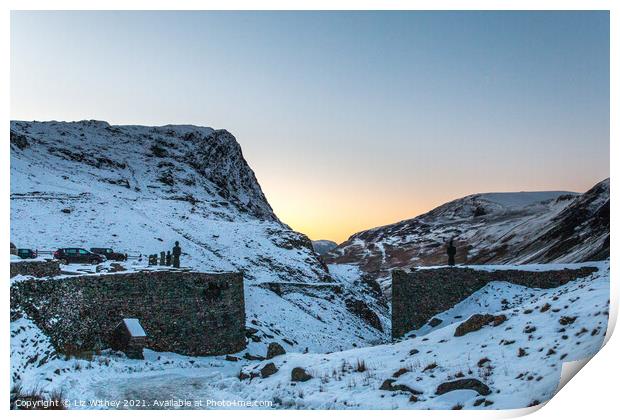 Snowy Sunset, Honister Pass Print by Liz Withey