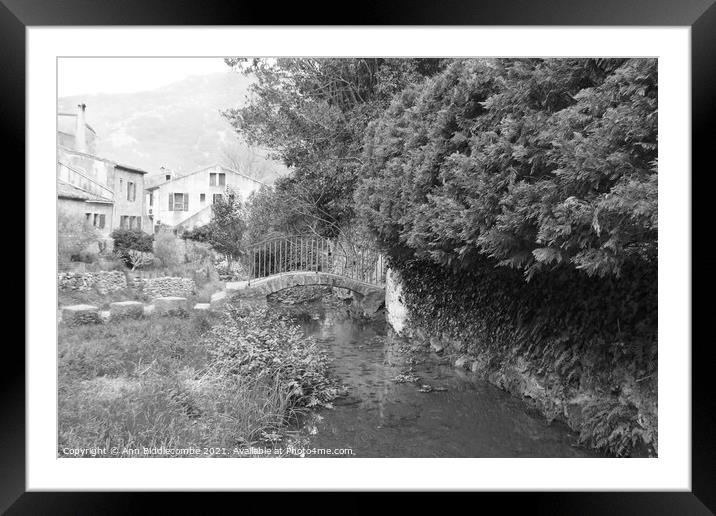 Little bridge over the stream in black and white Framed Mounted Print by Ann Biddlecombe
