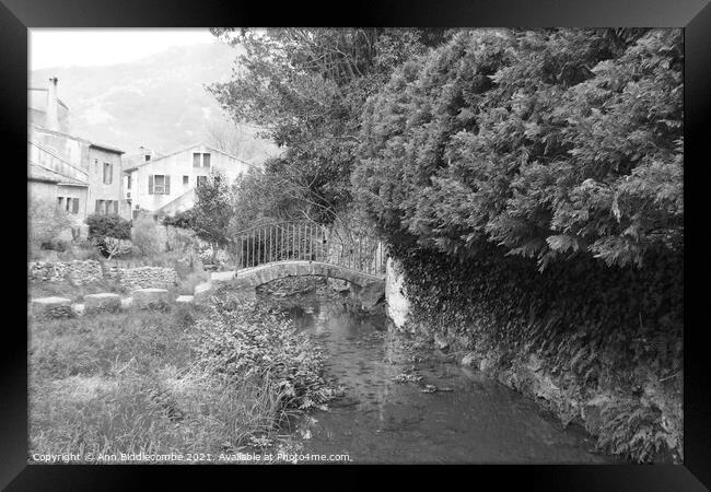 Little bridge over the stream in black and white Framed Print by Ann Biddlecombe