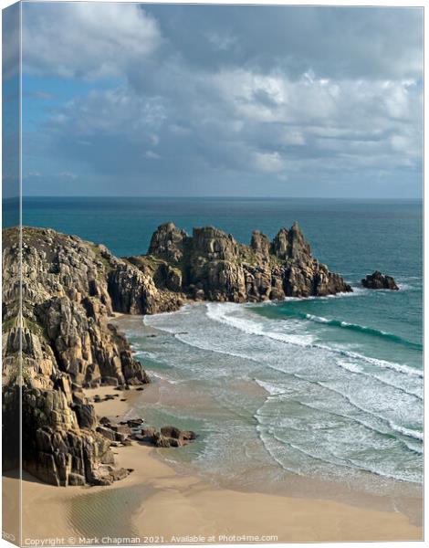 Pedn Vounder beach and Logan Rocks, Cornwall, Engl Canvas Print by Photimageon UK