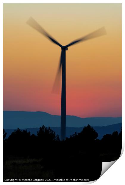 One windmill in motion at sunset Print by Vicente Sargues