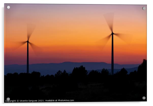 Two windmills in motion at sunset Acrylic by Vicente Sargues
