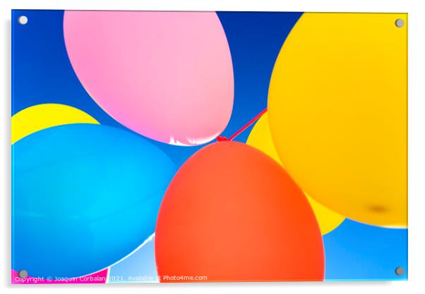 Colorful balloons inflated against the sun, festive and joyful colorful background. Acrylic by Joaquin Corbalan
