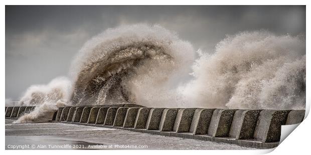 Large waves crashing over sea wall Print by Alan Tunnicliffe