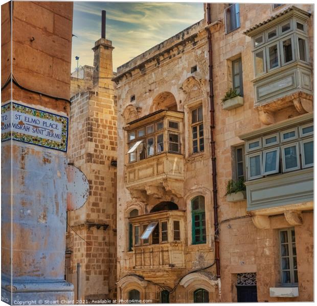 Balconies in Valletta, malts  Canvas Print by Stuart Chard