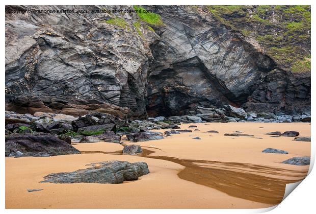 Beach detail at Bedruthan Steps, Cornwall Print by Andrew Kearton