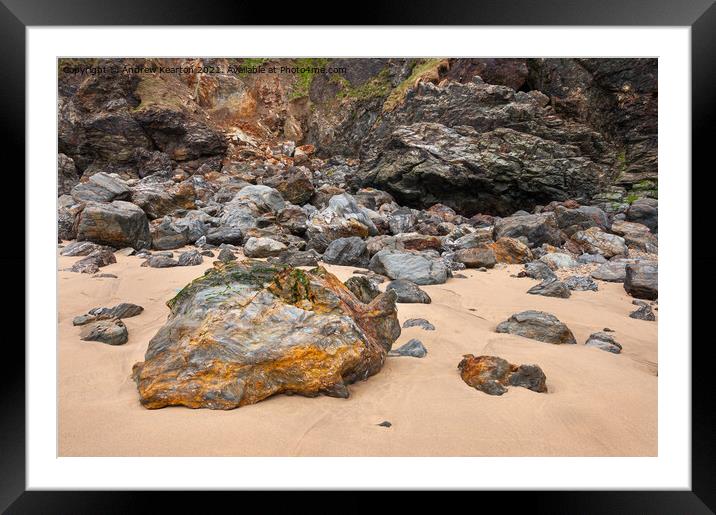 Warm coloured rocks at Perranporth, Cornwall Framed Mounted Print by Andrew Kearton