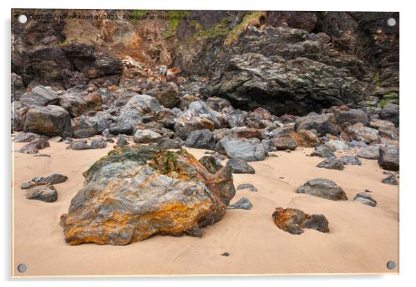 Warm coloured rocks at Perranporth, Cornwall Acrylic by Andrew Kearton