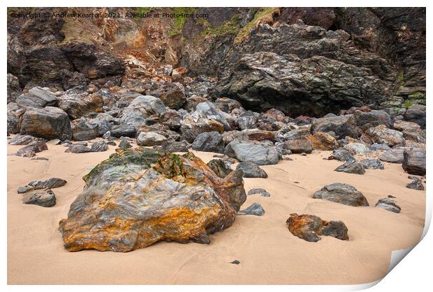 Warm coloured rocks at Perranporth, Cornwall Print by Andrew Kearton