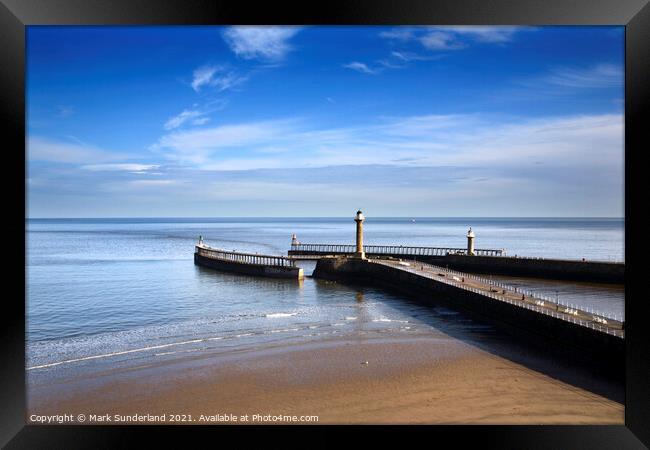 West and East Piers at Whitby Framed Print by Mark Sunderland
