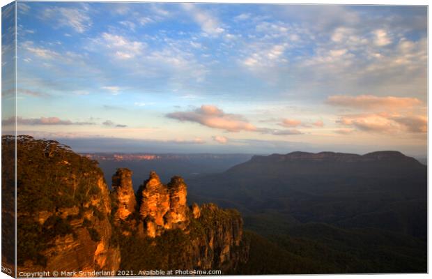 The Three Sisters in the Blue Mountains Canvas Print by Mark Sunderland