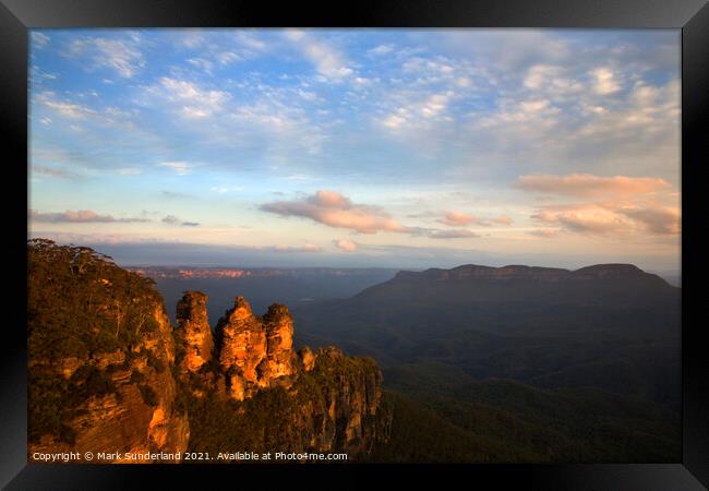The Three Sisters in the Blue Mountains Framed Print by Mark Sunderland