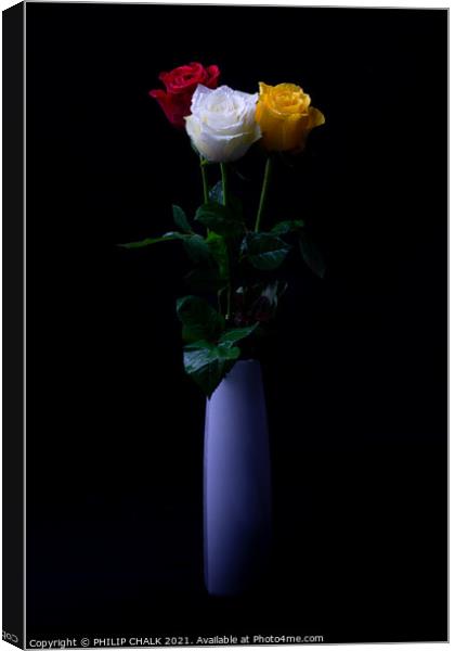 Three Roses in a vase 419  Canvas Print by PHILIP CHALK