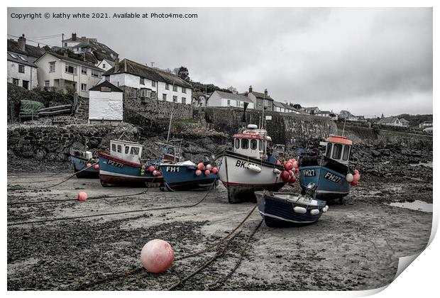 Coverack Cornwall at low tide,fishermans  Print by kathy white