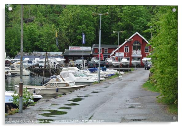 small  boats are docked in Kristiansand, Norway, Acrylic by Anish Punchayil Sukumaran