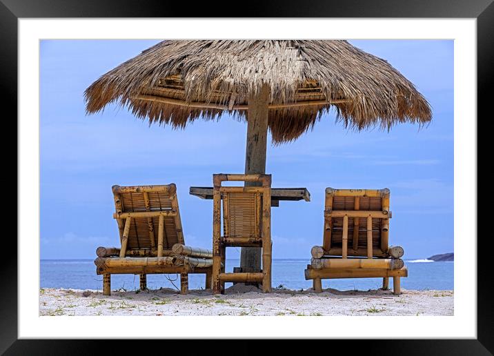 Parasol and Bamboo Chairs, Lombok Framed Mounted Print by Arterra 