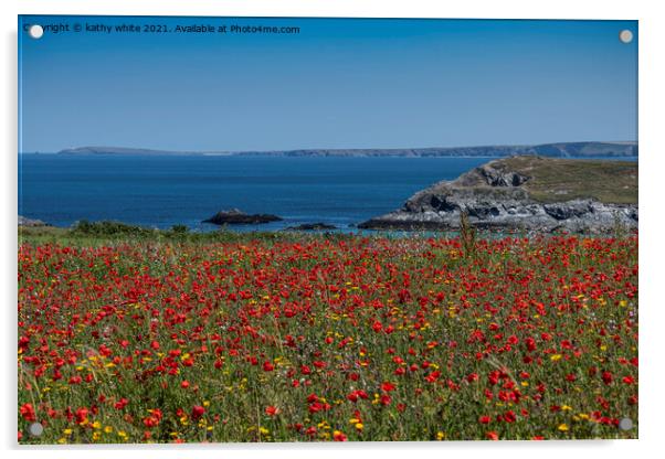 West Pentire ,red poppies,Crantock Beech,  Acrylic by kathy white