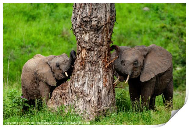 Baby Elephants At Their Favourite Scratching Post Print by Steve de Roeck