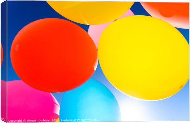 Pretty sunlit solid color balloons viewed from below with blue s Canvas Print by Joaquin Corbalan