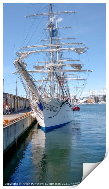  View from harbor a standing sailboat in Oslo Norway Print by Anish Punchayil Sukumaran