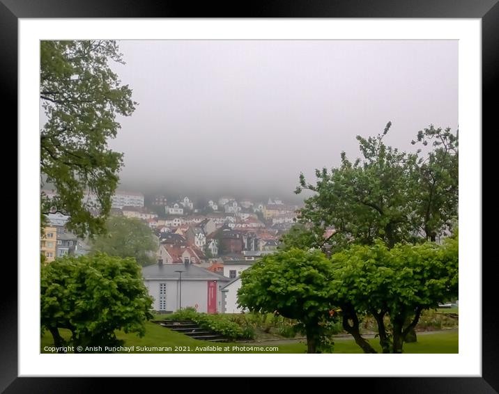 a view of beautiful houses in Norway Bergan partially covered in fog Framed Mounted Print by Anish Punchayil Sukumaran