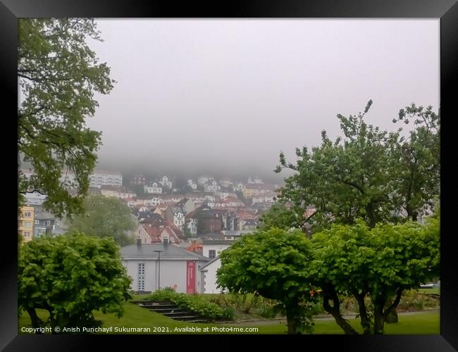 a view of beautiful houses in Norway Bergan partially covered in fog Framed Print by Anish Punchayil Sukumaran