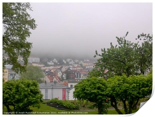 a view of beautiful houses in Norway Bergan partially covered in fog Print by Anish Punchayil Sukumaran