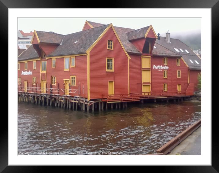 Harbour of Bergan Norway ,beautiful red house near  the pier Framed Mounted Print by Anish Punchayil Sukumaran