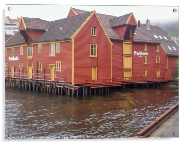 Harbour of Bergan Norway ,beautiful red house near  the pier Acrylic by Anish Punchayil Sukumaran