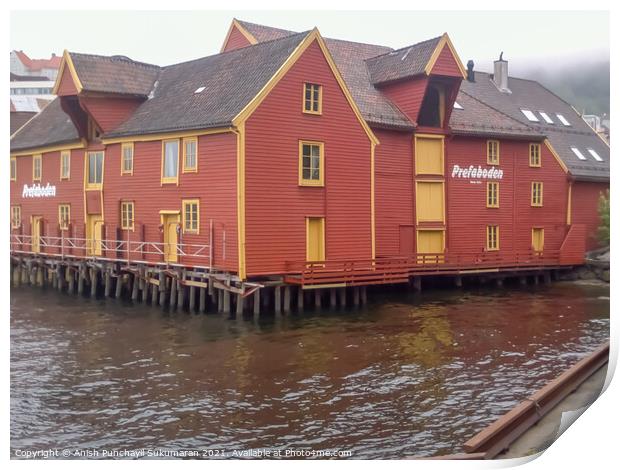 Harbour of Bergan Norway ,beautiful red house near  the pier Print by Anish Punchayil Sukumaran