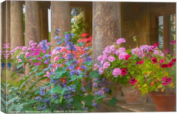 Pillars and Pelargoniums Canvas Print by Viv Thompson