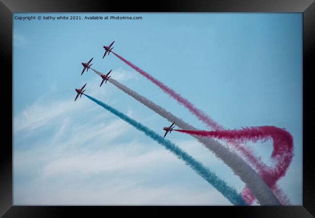 Red arrows in a cornish sky,smoke trails, red,whit Framed Print by kathy white