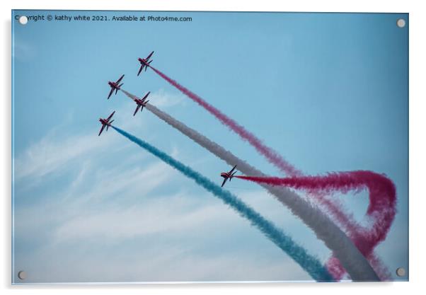 Red arrows in a cornish sky,smoke trails, red,whit Acrylic by kathy white