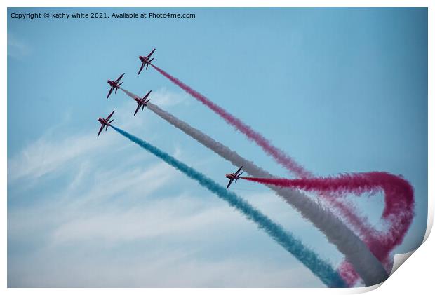 Red arrows in a cornish sky,smoke trails, red,whit Print by kathy white