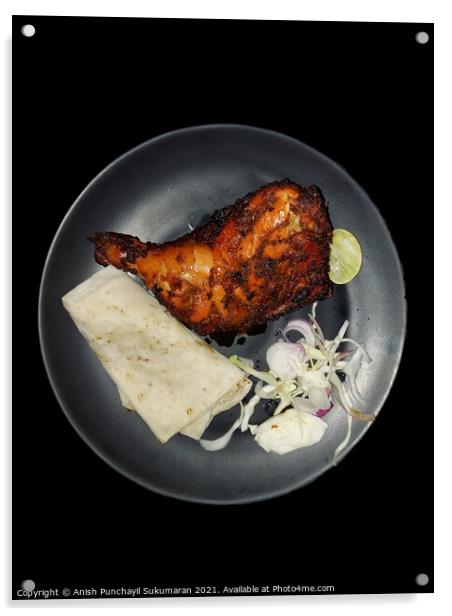 Fleshly cook barbecue chicken with rumali roti and mixed salad Acrylic by Anish Punchayil Sukumaran