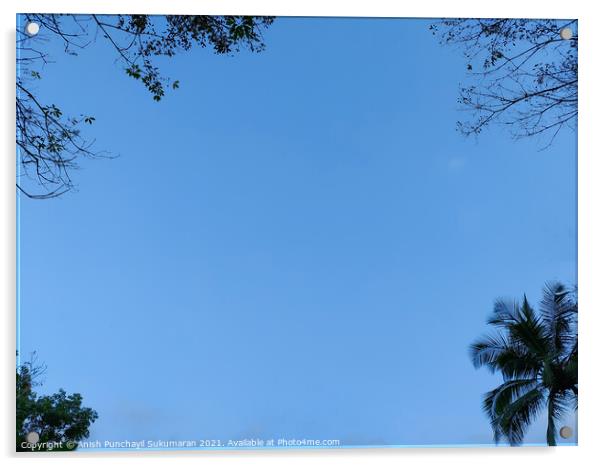 blue sky and tree on each corners,  Acrylic by Anish Punchayil Sukumaran