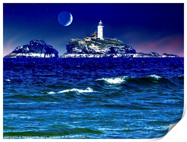 Godrevy Lighthouse Moonlit Serenade Print by Beryl Curran