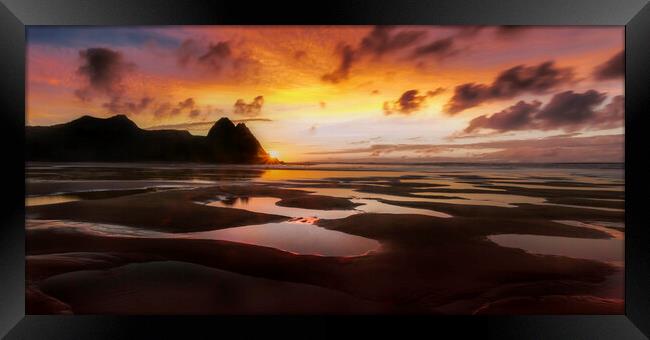 Three Cliffs Bay sunrise Framed Print by Leighton Collins