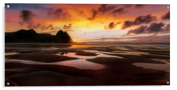 Three Cliffs Bay sunrise Acrylic by Leighton Collins